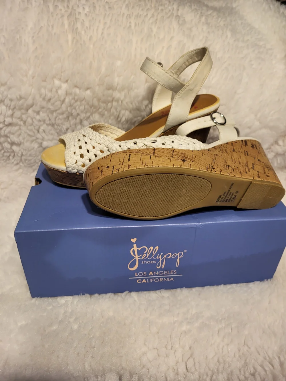 Jellypop White Woven Cork Platform Wedges with Ankle Strap